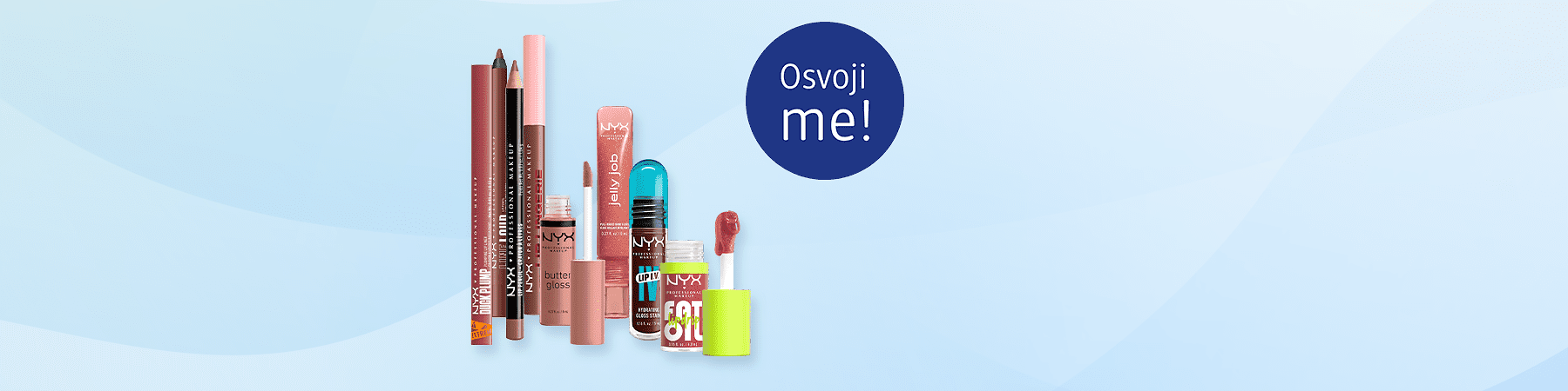 Slika koja prikazuje više NYX proizvoda za usne poput sjajeva i olovaka ključna reč: NYX