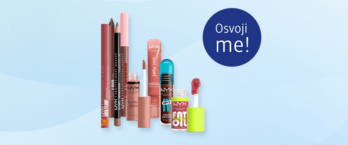 Slika koja prikazuje više NYX proizvoda za usne poput sjajeva i olovaka ključna reč: NYX