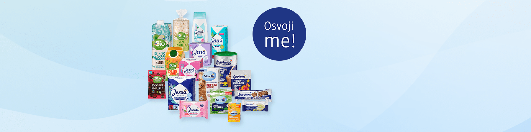 Slika koja prikazuje razne prehrambene i kozmetičke proizvode raspoređene uz plavi krug sa tekstom Osvoji me