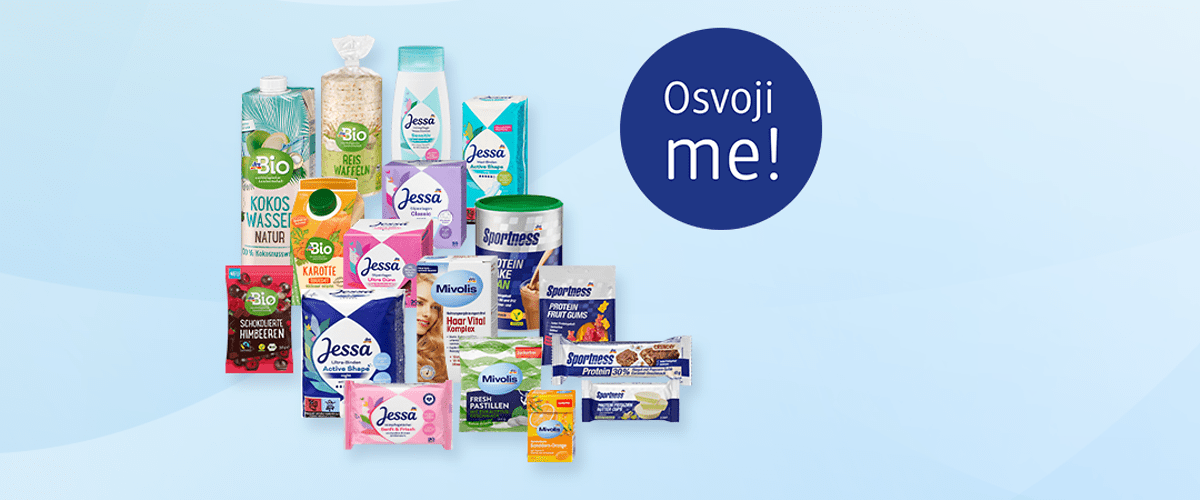 Slika koja prikazuje razne prehrambene i kozmetičke proizvode raspoređene uz plavi krug sa tekstom Osvoji me