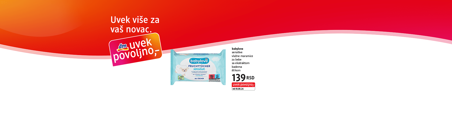 Slika koja prikazuje pakovanje babylove vlažnih maramica za bebe uz cenu 139 RSD
