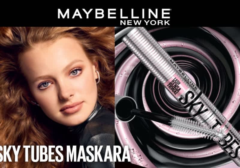 Slika koja prikazuje reklamni kolaž Maybelline sa ženom i maskarom Sky Tubes mascara