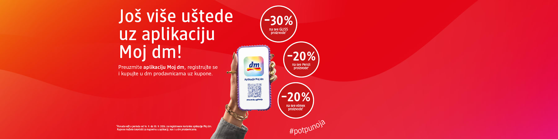Slika koja prikazuje promociju aplikacije Moj dm sa telefonom i popustima na proizvode