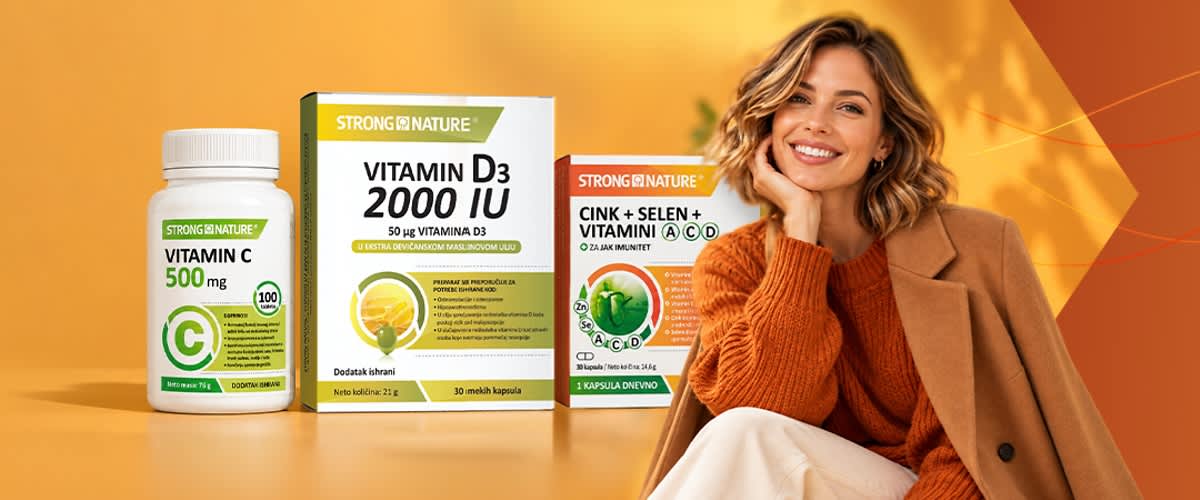 Slika koja prikazuje paket vitamina D3 2000 IU pored paketa cink selen vitamini i nasmejana žena