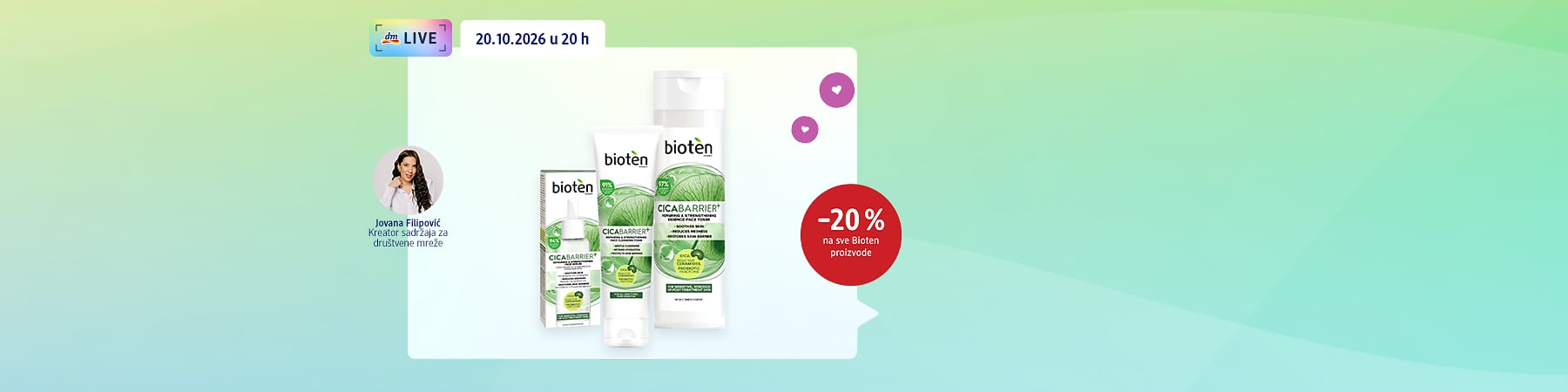 Slika koja prikazuje Bioten CicaBarrier kozmetičke proizvode i obaveštenje o -20% popusta