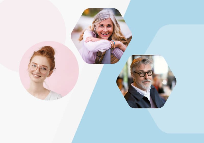 Ein Mädchen, eine ältere Dame und ein älterer Herr vor hellblauen und rosa Hintergrund