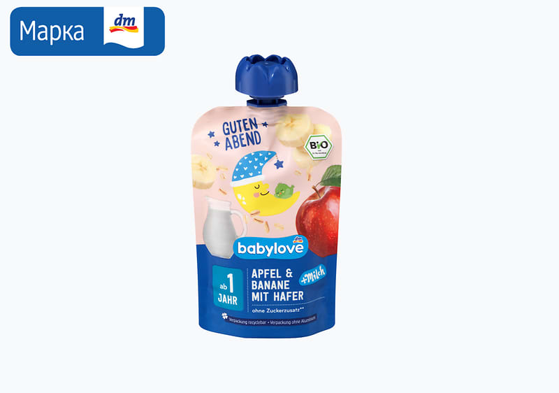  babylove кашичка за бебиња јаболко, банана, млеко и овес, 100 г 