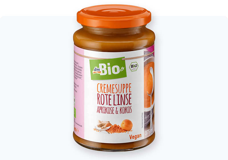 dmBio крем супа од црвена леќа, кајсија и кокос 375 мл