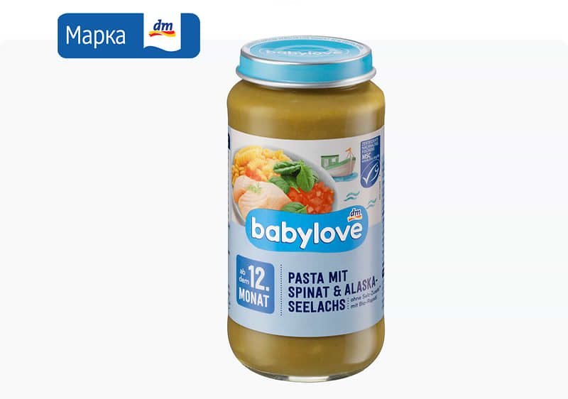 babylove кашичка тестенини со спанаќ и лосос, 250 г