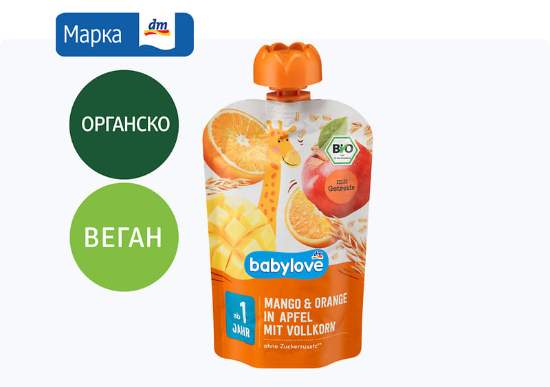babylove кашичка со манго, портокал, јаболко и жито, 100 г
