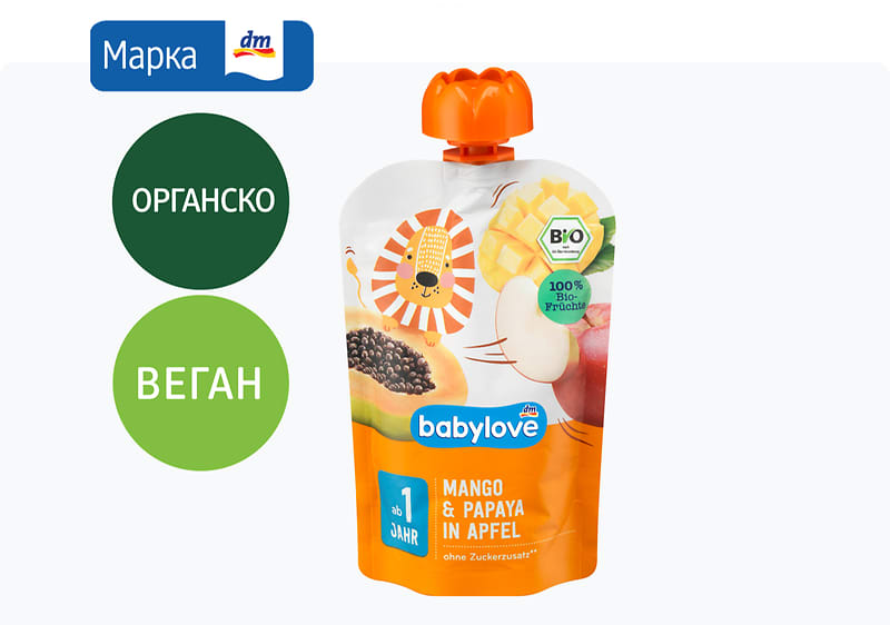 babylove кашичка со манго, папаја и јаболко, 100 г